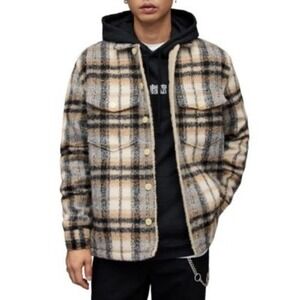 AllSaints Cayuga Jacket Mens Medium Brown Plaid Wool Blend Faux Fur Lined MJ050X